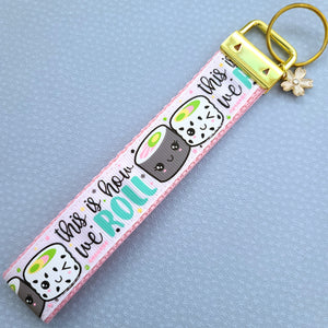Sushi "This is How I Roll" Gold Key Chain Fob with Enameled Sakura Charm