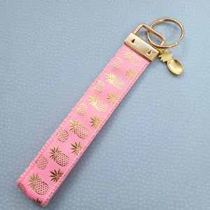 Pineapple Rose Gold Key Chain Fob - Foil printed Golden Pineapples with Adorable Pineapple Charm