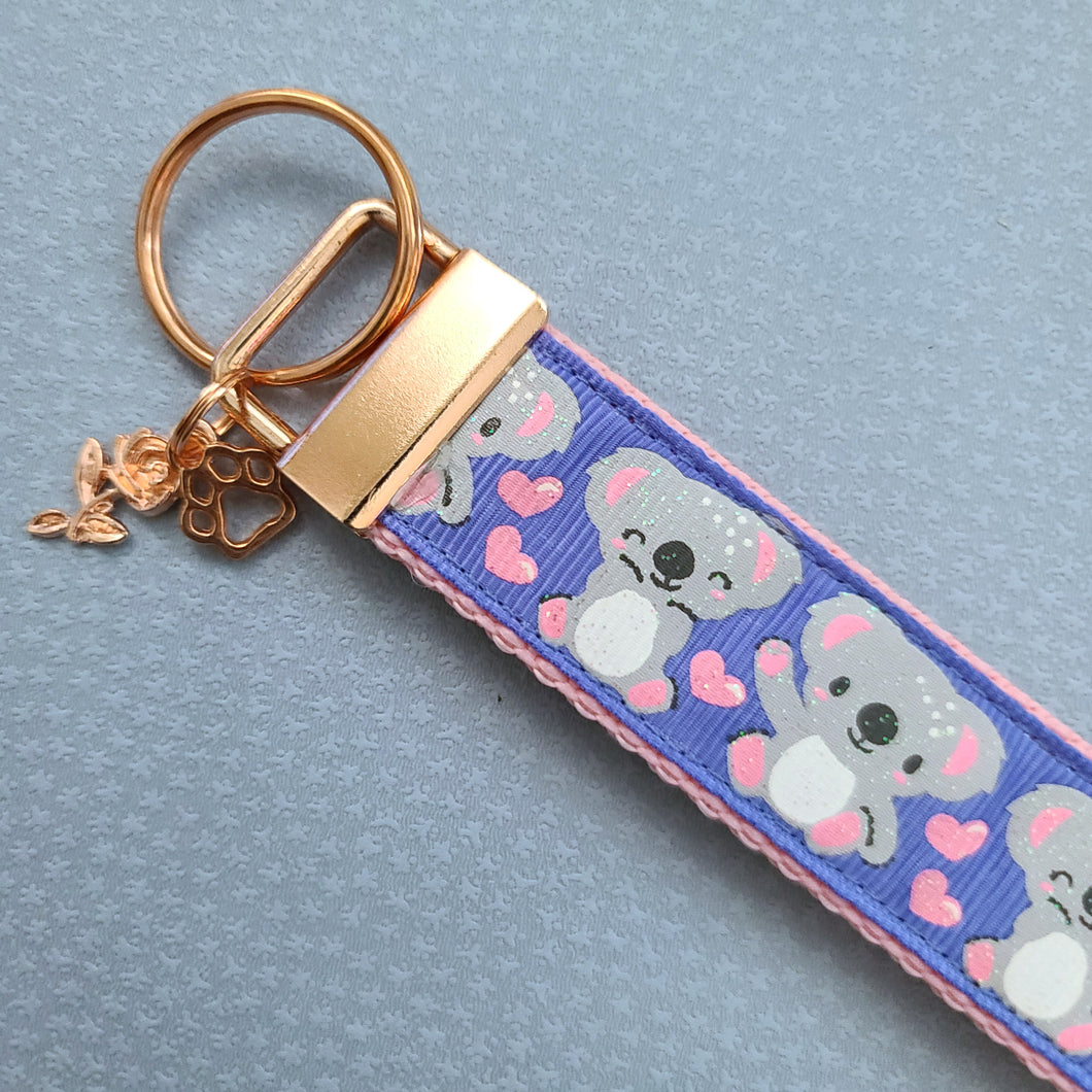 Koalas with Glitter and Hearts Rose Gold Key Chain Fob with Rose Charm