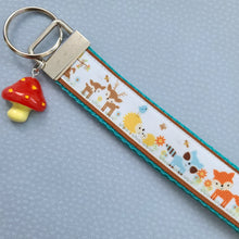 Load image into Gallery viewer, Woodland Animals Fox Bunny Deer Porcupine Owl Racoon Bird Key Chain Fob with Mushroom Charm
