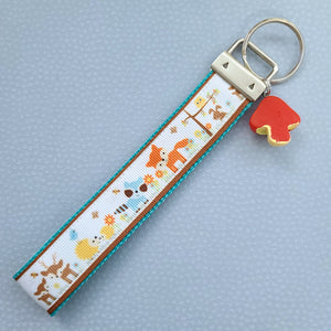 Woodland Animals Fox Bunny Deer Porcupine Owl Racoon Bird Key Chain Fob with Mushroom Charm