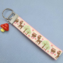 Load image into Gallery viewer, Glittery Deer and Owl Key Chain Fob with Mushroom Charm
