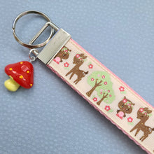 Load image into Gallery viewer, Glittery Deer and Owl Key Chain Fob with Mushroom Charm
