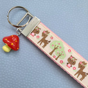 Glittery Deer and Owl Key Chain Fob with Mushroom Charm