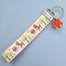 Load image into Gallery viewer, Glittery Deer and Owl Key Chain Fob with Mushroom Charm
