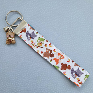 Adorable Fall Forest Friends on White Key Fob on Silver