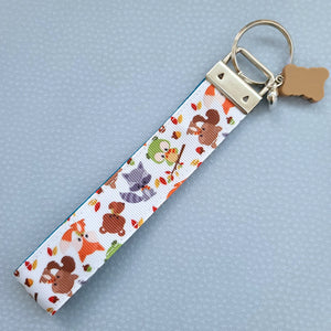 Adorable Fall Forest Friends on White Key Fob on Silver