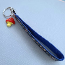 Load image into Gallery viewer, Fox and Owl Glittery Blue Key Fob Wristlet with Mushroom Charm
