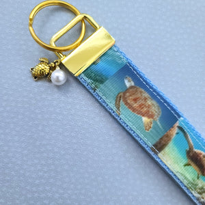 Sea Turtle in Watercolor on Rose Gold Key Chain Fob with Rose Gold Turtle Charm