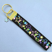 Load image into Gallery viewer, Stars on Black with Glitter on Gold Key Chain Fob with Enameled Star cmCharm
