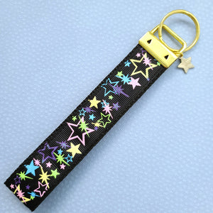 Stars on Black with Glitter on Gold Key Chain Fob with Enameled Star cmCharm