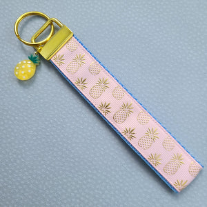Pineapple Rose Gold Key Chain Fob - Foil printed Golden Pineapples with Adorable Pineapple Charm