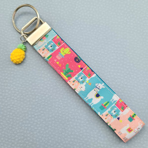 Llamas and Happy Cactus on Silver Key Chain Fob with Cactus or Pineapple Charm