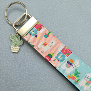 Llamas and Happy Cactus on Silver Key Chain Fob with Cactus or Pineapple Charm