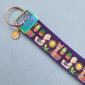 Llamas and Cactus on Rainbow Key Chain Fob with Enameled Flower Charm