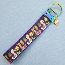Load image into Gallery viewer, Llamas and Cactus on Rainbow Key Chain Fob with Enameled Flower Charm
