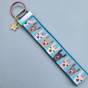 Alpaca Llama on Rainbow Key Chain Fob with Enameled Flower Charm