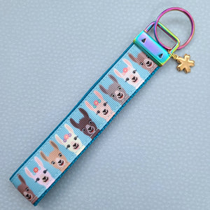 Alpaca Llama on Rainbow Key Chain Fob with Enameled Flower Charm