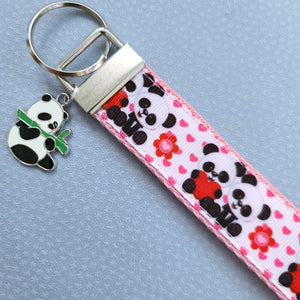 Pandas Holding Hearts Key Chain Fob with Charm