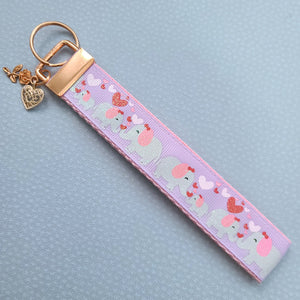 Elephant Mommy & Baby Love Sparkles on Rose Gold Key Chain Fob with Rose Charm