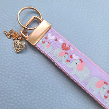 Load image into Gallery viewer, Elephant Mommy &amp; Baby Love Sparkles on Rose Gold Key Chain Fob with Rose Charm
