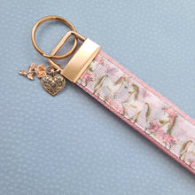 Load image into Gallery viewer, Horses with Wreaths Glittery Key Chain Fob on Pink Rose Gold and Rose Charm

