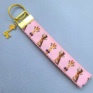 Giraffes on Pink Key Chain Fob with Enameled Giraffe charm