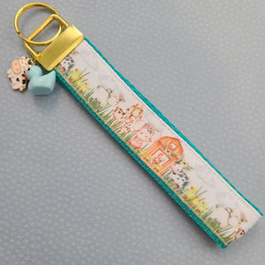 Farm Animals in Watercolor on Yellow Gold Key Chain Fob includes Cow & Duck Charm