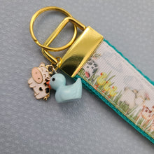 Load image into Gallery viewer, Farm Animals in Watercolor on Yellow Gold Key Chain Fob includes Cow &amp; Duck Charm
