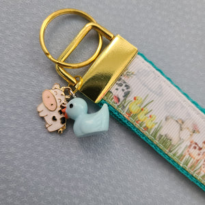 Farm Animals in Watercolor on Yellow Gold Key Chain Fob includes Cow & Duck Charm
