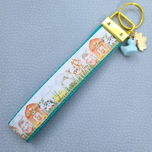 Farm Animals in Watercolor on Yellow Gold Key Chain Fob includes Cow & Duck Charm