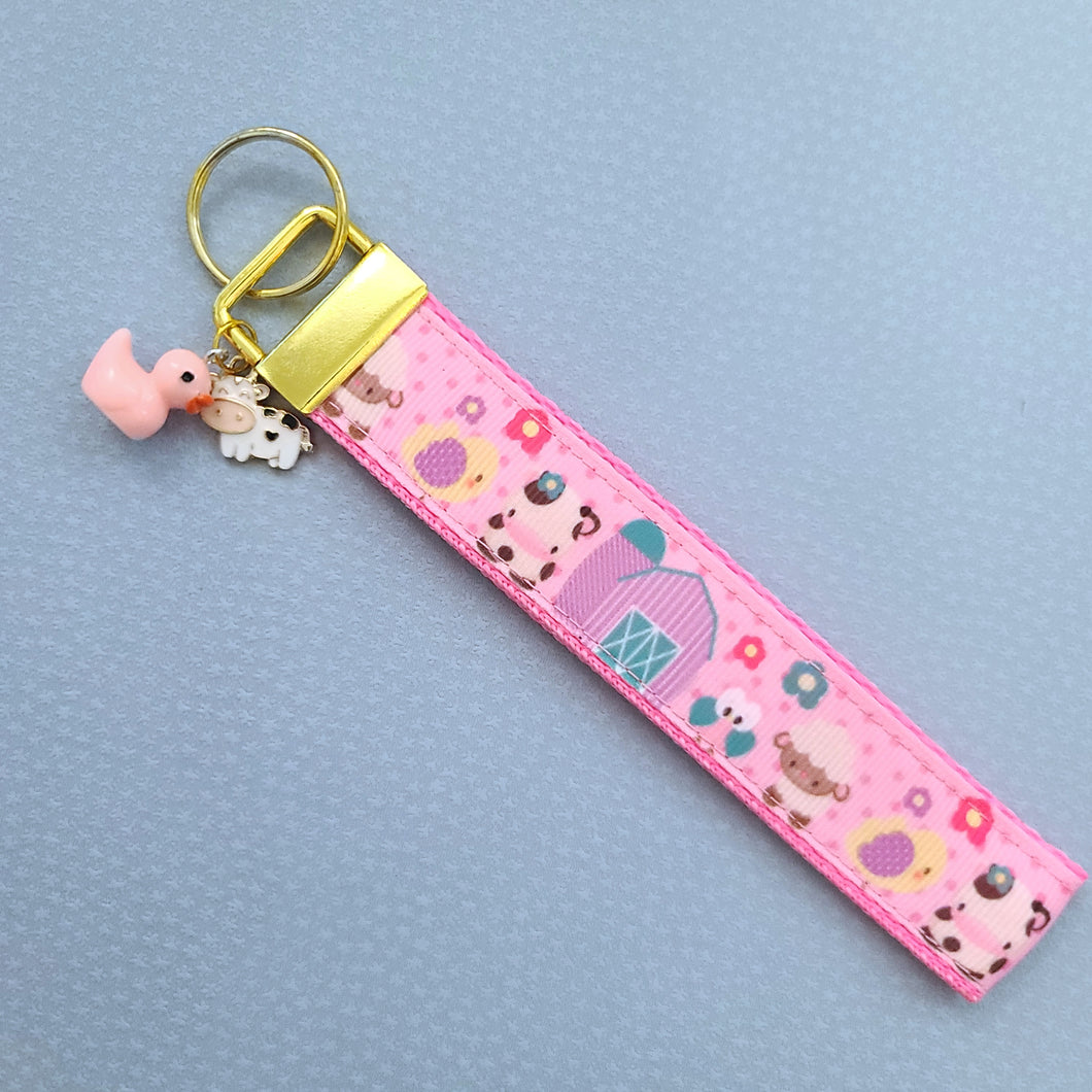 Farm Animals Cuteness Overload on Rose or Yellow Gold Key Chain Fob includes Duck and Cow Charm