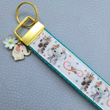 Load image into Gallery viewer, Elephants &amp; Zebra on Watercolor Gold Key Fob Chain with Enameled Elephant Charm
