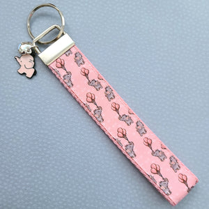 Elephants with Balloons on Silver Key Chain Fob with Enameled Elephant Charm