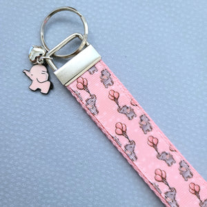 Elephants with Balloons on Silver Key Chain Fob with Enameled Elephant Charm