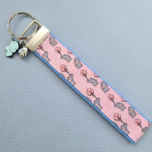 Elephants with Balloons on Silver Key Chain Fob with Enameled Elephant Charm