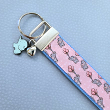 Load image into Gallery viewer, Elephants with Balloons on Silver Key Chain Fob with Enameled Elephant Charm
