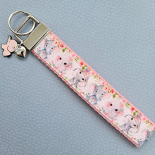 Load image into Gallery viewer, Elephants Mom and Baby in Watercolor on Silver Key Chain Fob with Enameled Elephant Charm
