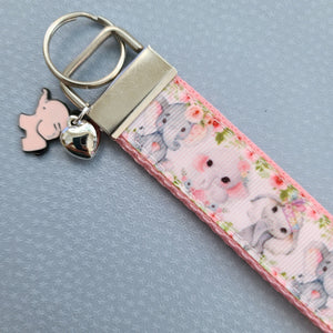 Elephants Mom and Baby in Watercolor on Silver Key Chain Fob with Enameled Elephant Charm