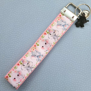 Elephants Mom and Baby in Watercolor on Silver Key Chain Fob with Enameled Elephant Charm