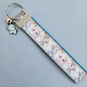 Elephants Mom and Baby in Watercolor on Silver Key Chain Fob with Enameled Elephant Charm