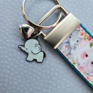 Elephants Mom and Baby in Watercolor on Silver Key Chain Fob with Enameled Elephant Charm