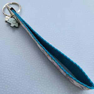Elephants Mom and Baby in Watercolor on Silver Key Chain Fob with Enameled Elephant Charm
