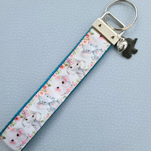 Elephants Mom and Baby in Watercolor on Silver Key Chain Fob with Enameled Elephant Charm