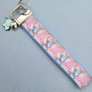 Elephants with Flowers in Watercolor on Silver Key Chain Fob with Enameled Elephant Charm