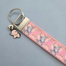 Load image into Gallery viewer, Elephants with Flowers in Watercolor on Silver Key Chain Fob with Enameled Elephant Charm
