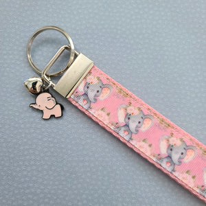 Elephants with Flowers in Watercolor on Silver Key Chain Fob with Enameled Elephant Charm