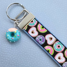 Load image into Gallery viewer, Donuts with Sparkles Key Chain Fob Wristlet with Yummy Donut Charm
