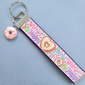 Donut Worry Be Happy on Sparkles Key Chain Fob Wristlet with Yummy Strawberry Donut Charm