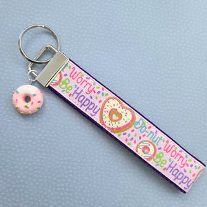 Donut Worry Be Happy on Sparkles Key Chain Fob Wristlet with Yummy Strawberry Donut Charm
